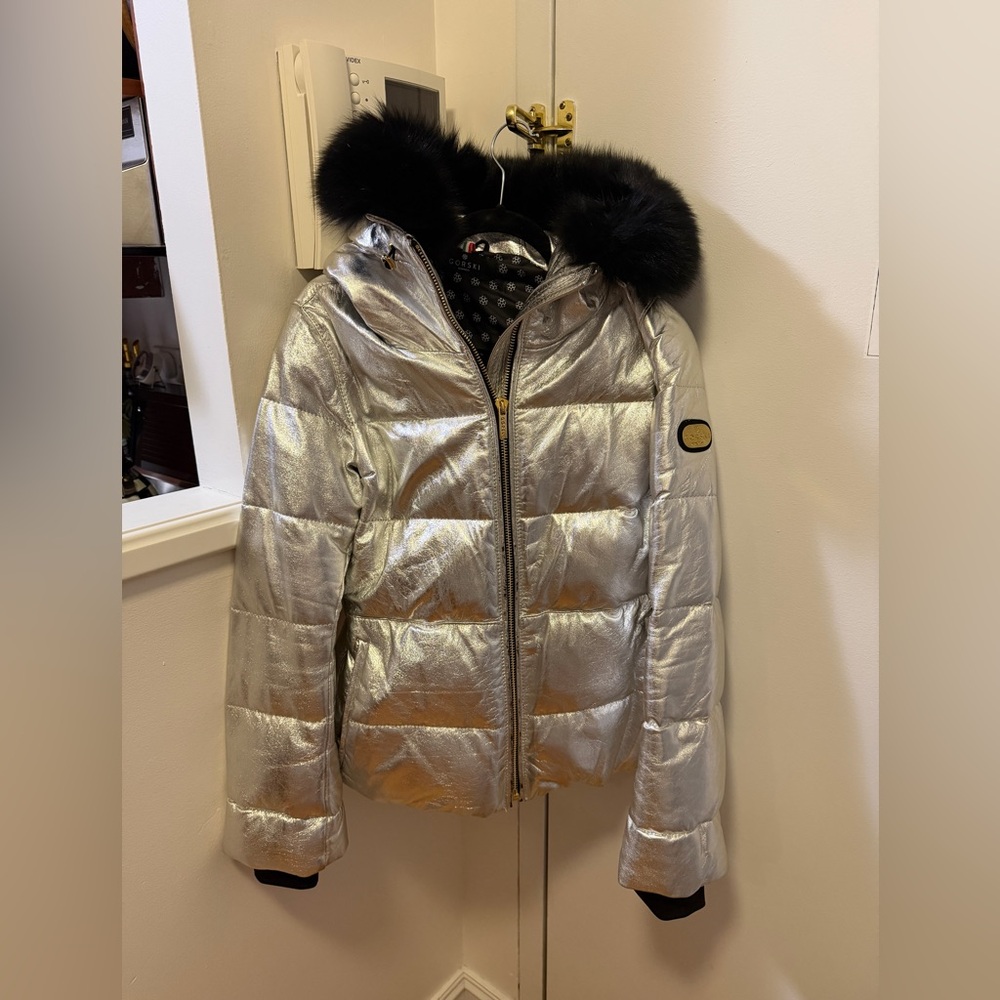 GORSKI Metallic Silver Puffer Jacket with Black Fur Hood